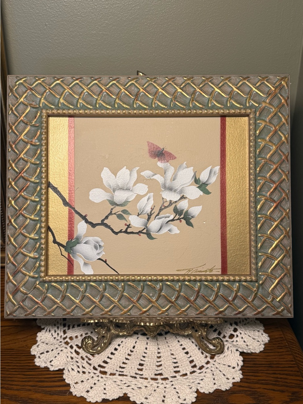 Vintage Original Signed Oil Painting Magnolia Branch Butterfly Floral Framed